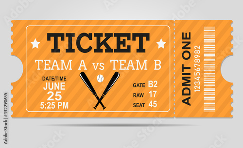 Template for baseball ticket. Graphic design with lettering. Modern professional design of baseball tickets.
