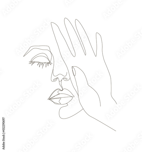 One line woman face and hand. Beauty portrait in linear style.  (ID: 432290697)