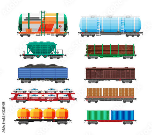 Set of train cargo wagons, cisterns, tanks and cars. Railroad freight collection. Flatcar, boxcar, car carriage. Industrial carriages, side view. Cargo rail transportation. Flat vector illustration