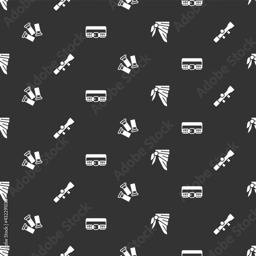 Set Bandana or biker scarf, Sniper optical sight, Cartridges and Hunting cartridge belt on seamless pattern. Vector