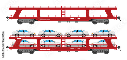 Car carrier wagon isolated on white background. Freight flatcar with automobiles. Part of cargo train. Industrial railroad transportation. Flat vector illustration