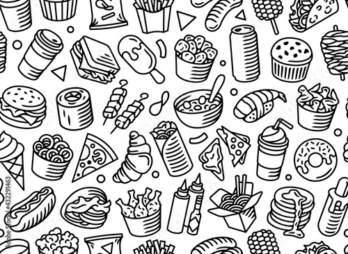 Fast food seamless pattern. Burger, hot dog, pizza and other food black vector pattern on white background. 