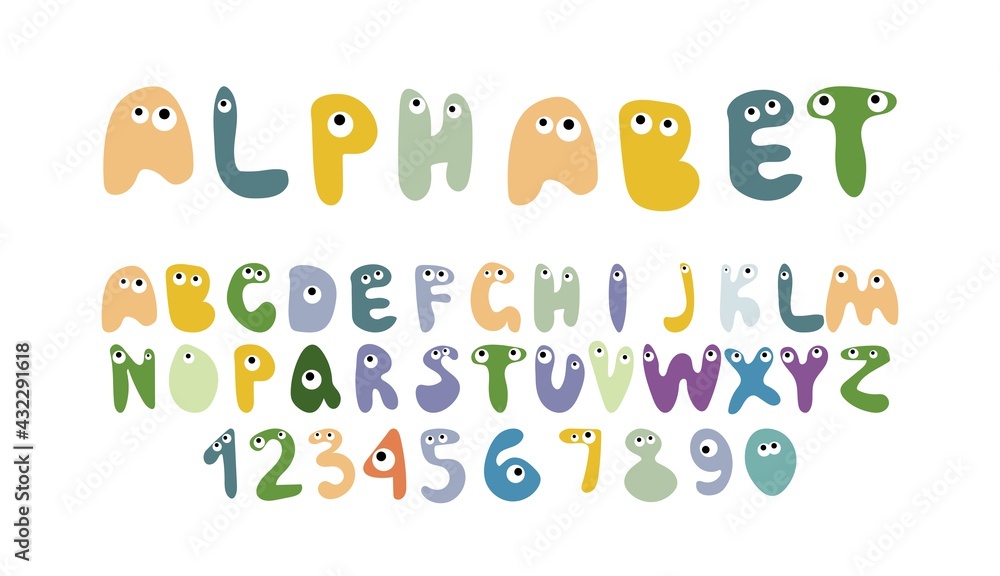 Hand-drawn alphabet in a crude, primitive style cute monsters with eyes random pastel colors. Simple vector illustration Hand-drawn alphabet in a crude, primitive style cute monsters with eyes random pastel colors. Simple vector illustration