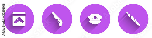Set Evidence bag with gun, Police shotgun, cap cockade and Marijuana joint icon with long shadow. Vector