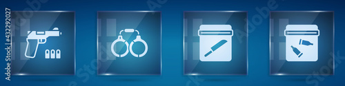 Set Pistol or gun, Handcuffs, Evidence bag with knife and bullet. Square glass panels. Vector