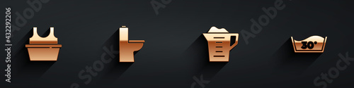 Set Basin with shirt, Toilet bowl, Washing powder and Temperature wash icon with long shadow. Vector