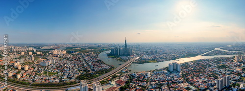 Panorama aerial view of Saigon or Ho Chi Minh city under blue sky