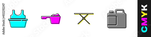 Set Basin with shirt, Washing powder, Ironing board and Bottle for cleaning agent icon. Vector