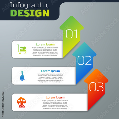 Set Suitcase, Hotel service bell and Five stars rating review. Business infographic template. Vector