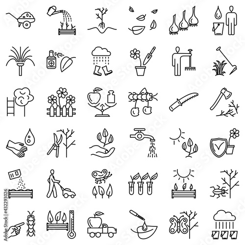 Gardening, gardening tools, sowing and care of seedlings, harvesting, watering sprouts, destruction of pests. Set of vector icons, Outline, isolated, 48x48.