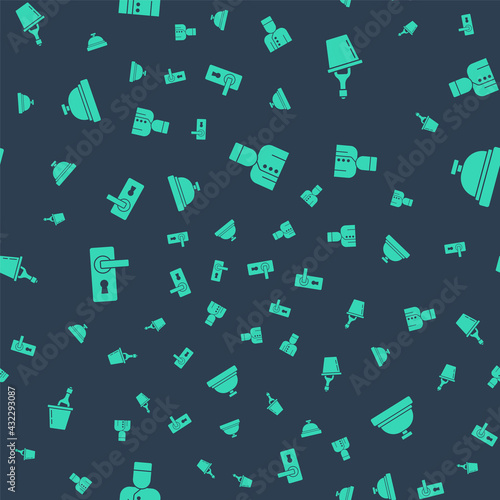 Set Concierge, Champagne in an ice bucket, Door handle and Hotel service bell on seamless pattern. Vector