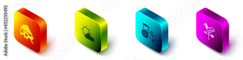 Set Isometric Cheese, Sun and cloud weather, Tractor and Rooster vane icon. Vector