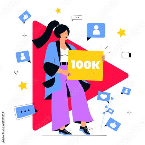 Successful video blogger enjoys the large number of subscribers on her online channel. Social media marketing concept. Influencer girl attracts followers. Internet vlog