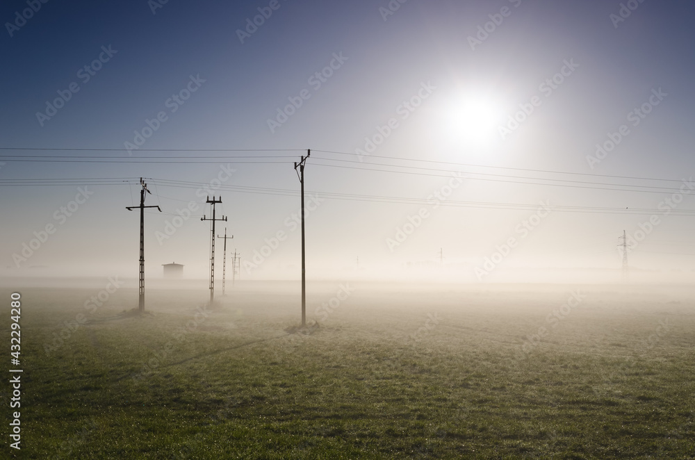 POWER ENGINEERING - High voltage power line in a misty meadow 
