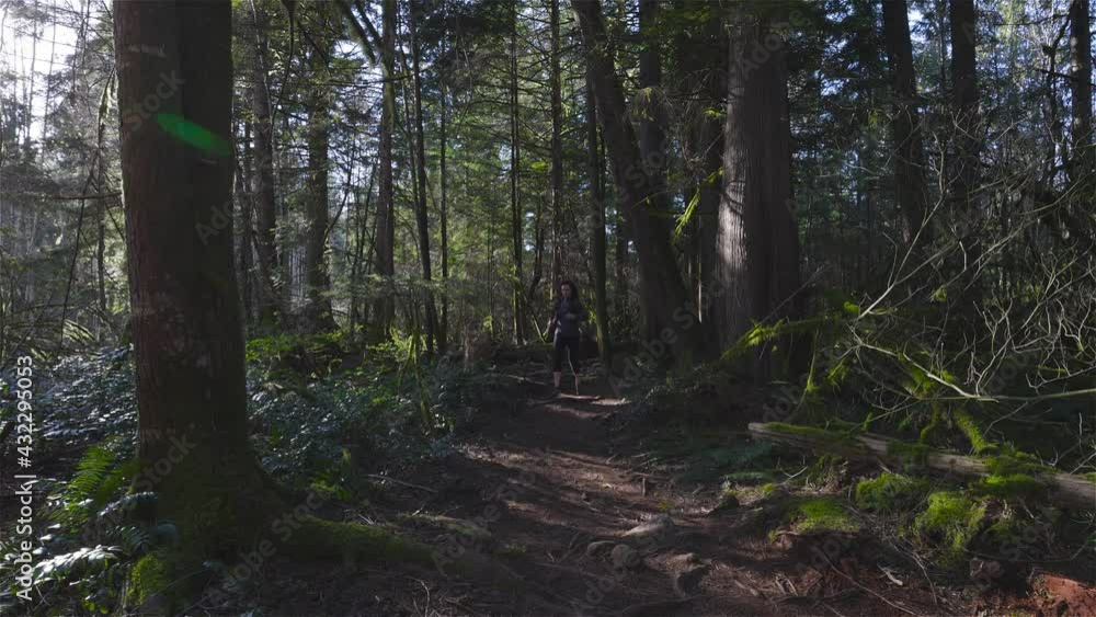 Caucasian Woman Trail Running in the Green Forest surrounded by beautiful trees. Taken in Squamish, British Columbia, Canada. Caucasian Woman Trail Running in the Green Forest surrounded by beautiful trees. Taken in Squamish, British Columbia, Canada.