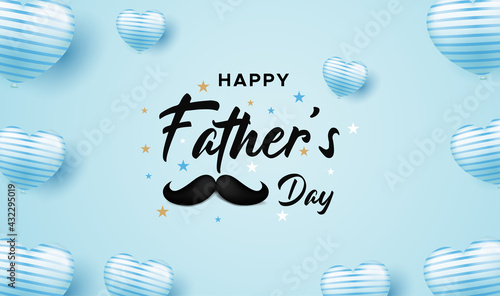 Happy Father's Day greeting card with illustration of love balloons, glasses, mustache, ribbon and tie