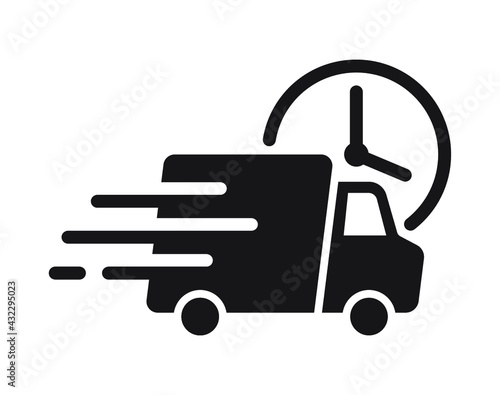 Shipping fast delivery truck with clock icon symbol, Pictogram flat design for apps and websites, Isolated on white background, Vector illustration