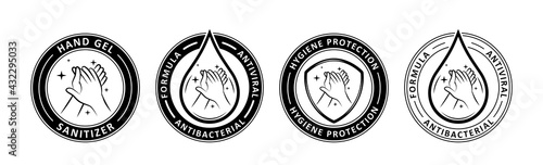 Hand sanitizer label with shield and water drop logo. Vector antiseptic symbols. Medical antibacterial alcohol hand wash. Healthy safe product package tag. Disease prevention. 
