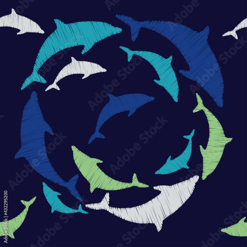 Decorative embroidered dolphins swim in the sea and ocean. Seamless pattern. Marine life. Cute cartoons. Vector illustration for web design or print.