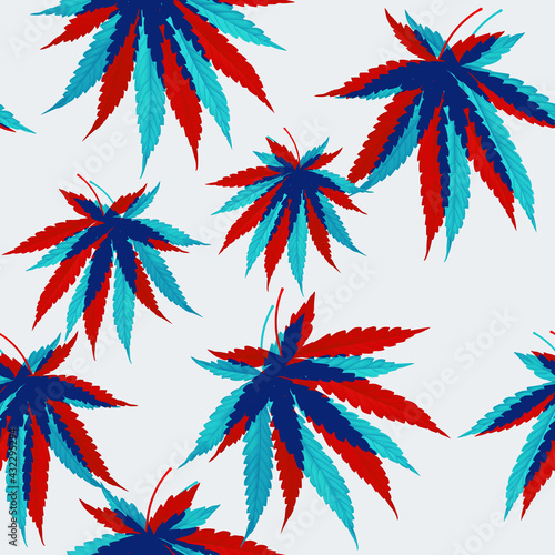 Foliage seamless pattern, various color of cannabis leaves on grey