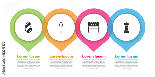 Set Steak meat, Burning match with fire, BBQ brazier and Pepper. Business infographic template. Vector