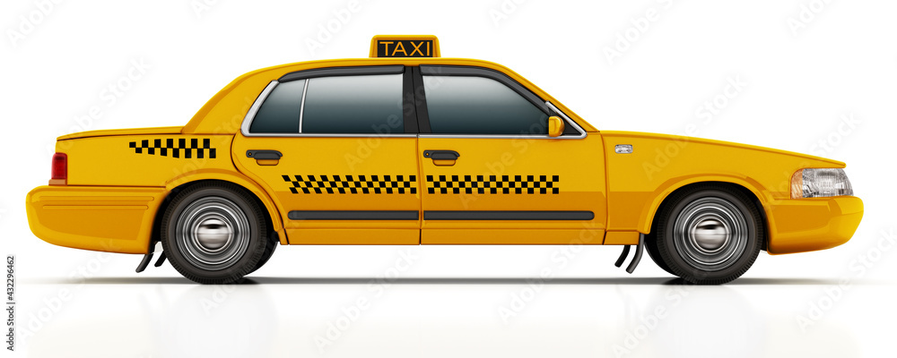 Yellow taxi cab isolated on white background. 3D illustration - obrazy, fototapety, plakaty 