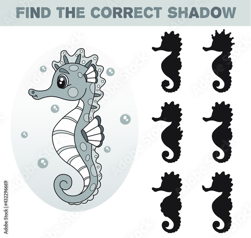 Cartoon illustration of seahorse. Find the correct shadow. Black and white cartoon vector illustration. Educational game for children.