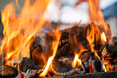 Close up of brightly burning wooden logs with yellow hot flames of fire at night.