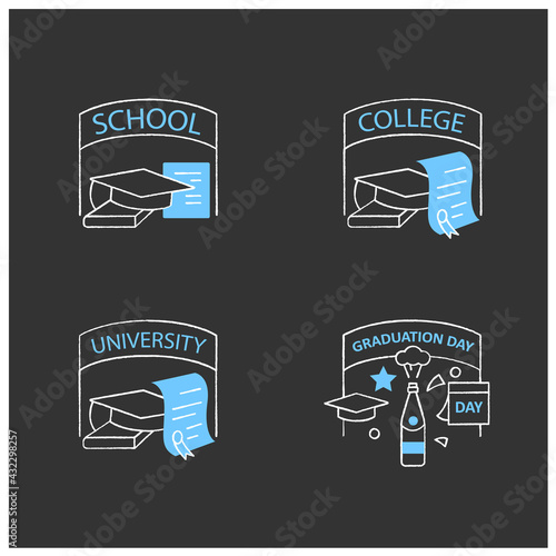 Graduation chalk icons set. School, college, university graduation. Studying concept. Isolated vector illustration on chalkboard