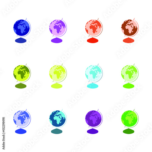 Globe, vector image. A symbol of the pursuit of knowledge. Set of multicolored globes.
