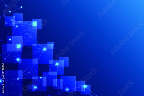 Abstract Square background on blue light element. Network connection with wire of line and dot connected on world wide space. Blank space template for create design and presentation.