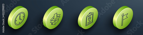 Set Isometric Fast time delivery, Cardboard box with traffic symbol, Document tracking marker system and Location marker icon. Vector