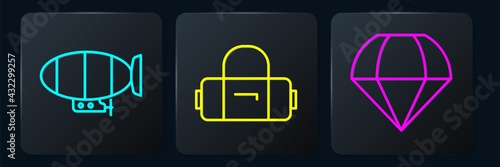 Set line Airship, Parachute and Suitcase. Black square button. Vector