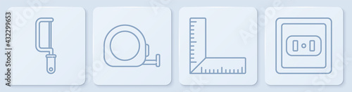Set line Hacksaw, Corner ruler, Roulette construction and Electrical outlet. White square button. Vector