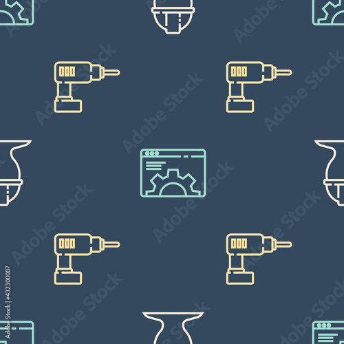 Set line Worker safety helmet, Electric drill machine and Browser setting on seamless pattern. Vector