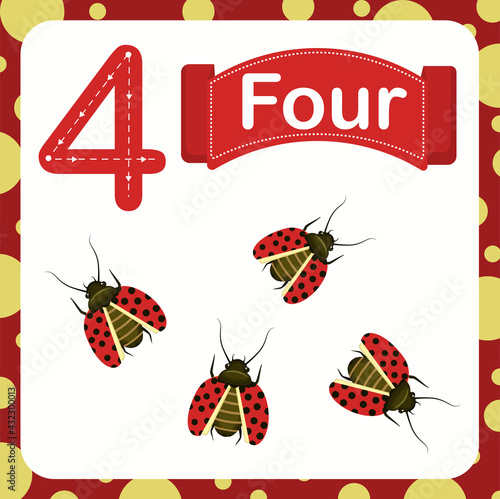 vector illustration of a children's card with number four. The worksheet learns to count and write.