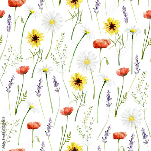 Watercolor pastel wild flowers seamless pattern. Meadow flowers and floral poppy, chamomile, lavander for textile fabric, wrapping paper, wallpaper decor, scrapbook paper.
