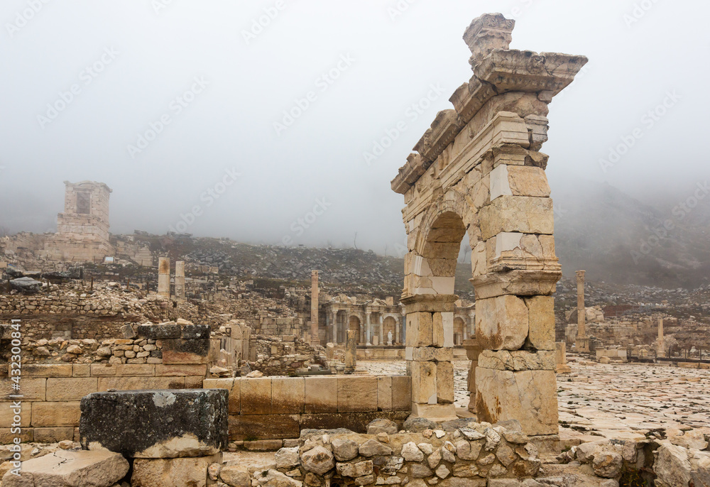 Ruins of Honorific gate in the ancient Roman city of Sagalassos in Isparta, Turkey
