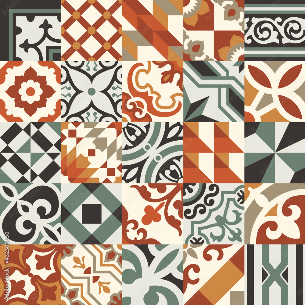 Encaustic floral and geometric tiles patchwork wallpaper vector seamless pattern