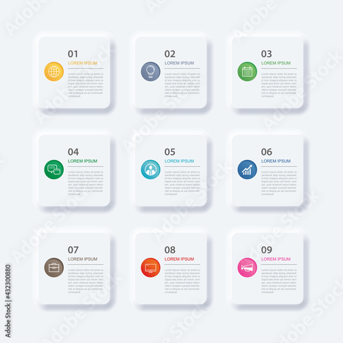 Infographics rectangle paper index with 9 data template. Vector illustration abstract background. Can be used for workflow layout, business step, banner, web design.