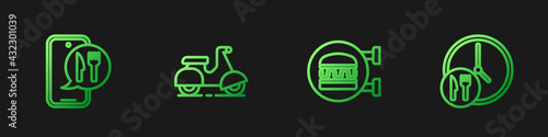 Set line Online ordering burger delivery, and, Scooter and Round the clock. Gradient color icons. Vector