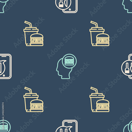 Set line Online ordering and delivery, Paper glass burger and on seamless pattern. Vector