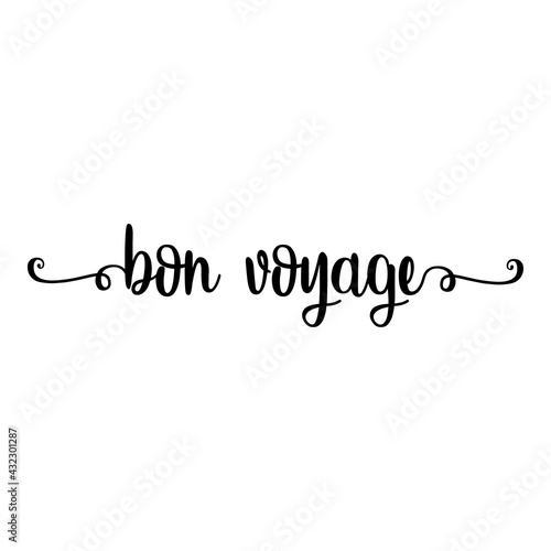Banner con texto manuscrito bon voyage escrito a mano en francés con florituras en color negro