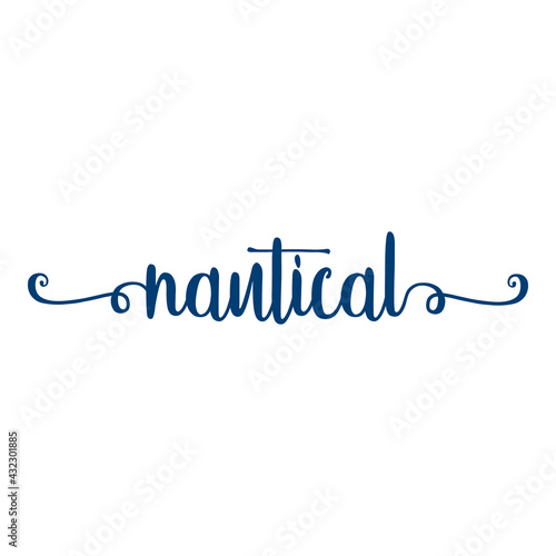 Banner con texto manuscrito nautical escrito a mano con florituras en color azul