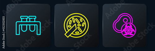 Set line Test tube and flask, Genetically modified meat and Petri dish with bacteria. Black square button. Vector