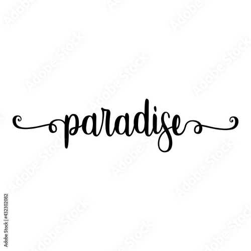 Banner con texto manuscrito paradise escrito a mano con florituras en color negro