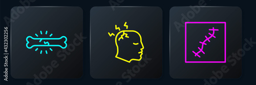 Set line Bone pain, Scar with suture and Man having headache. Black square button. Vector