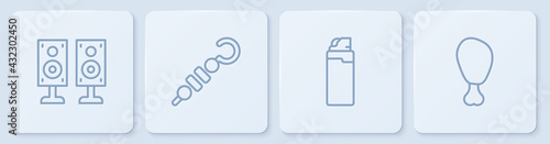 Set line Stereo speaker, Lighter, Grilled shish kebab and Chicken leg. White square button. Vector
