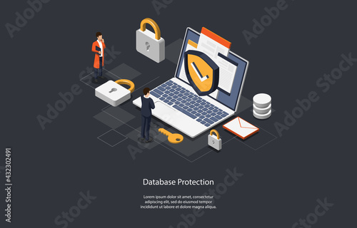 Illustration On Dark Background. Database Protection Concept. Isometric Vector Composition In Cartoon 3D Style With Objects And Text. Two Characters Standing Near Laptop, Information Defense Shield