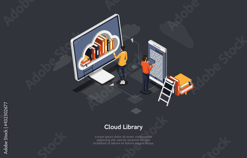 Conceptual Illustration On Cloud Library Idea. Characters, Elements And Writing. 3D Composition In Cartoon Style. Isometric Vector Design. People Near Devices With Books. Modern Reading And Education